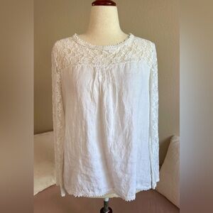 Lungo L'Arno Linen Top Made in Italy Sheer Lace Sleeve Contrast Crisp White Sz M